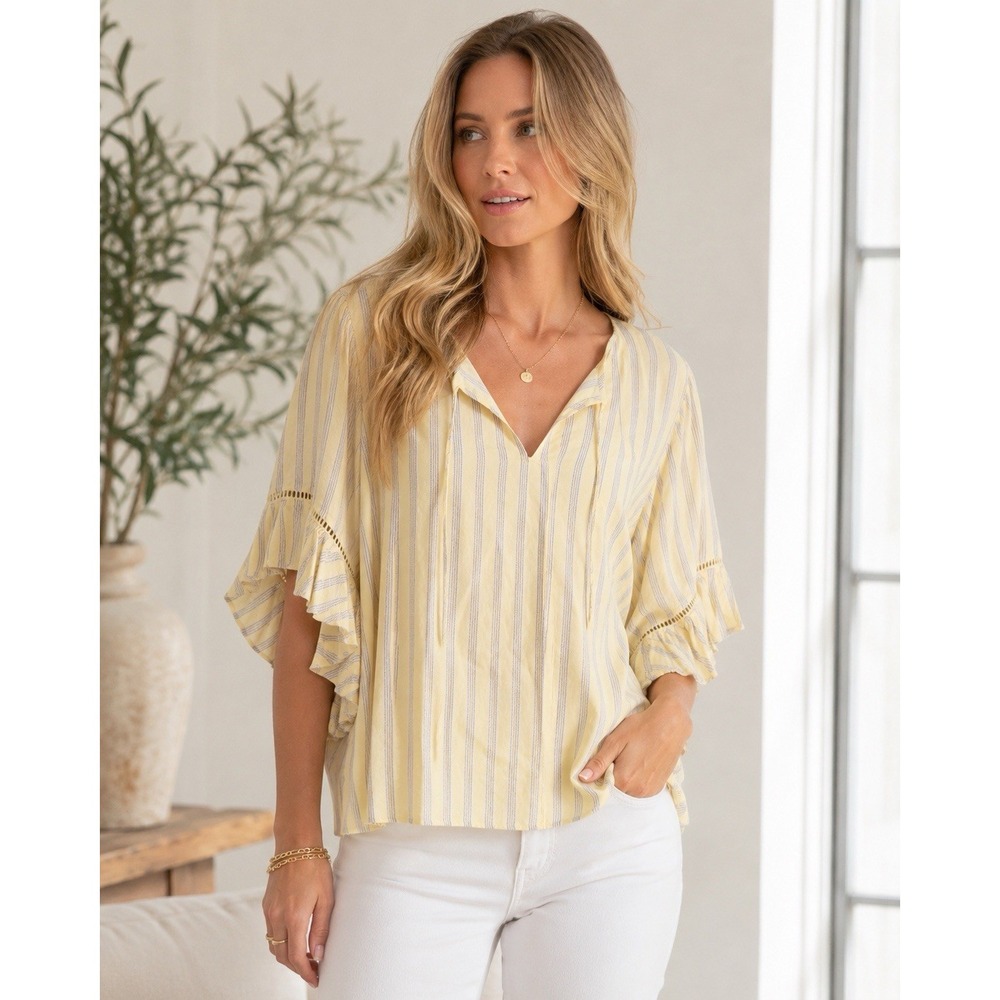 LC Lauren Conrad Blouse Womens L Yellow Gray Stripe Ruffle Sleeve Boho Rayon Top